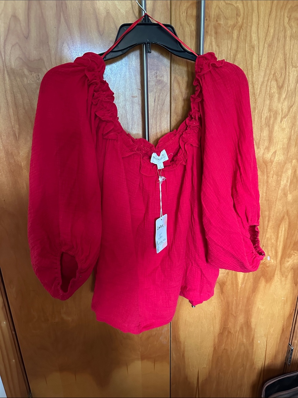 Women’s Red Ruffle Square-Neck Peasant Top stretchy $78 retail adorable